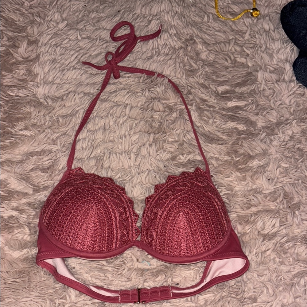 Pink Lace Halter Bikini with Scalloped Trim